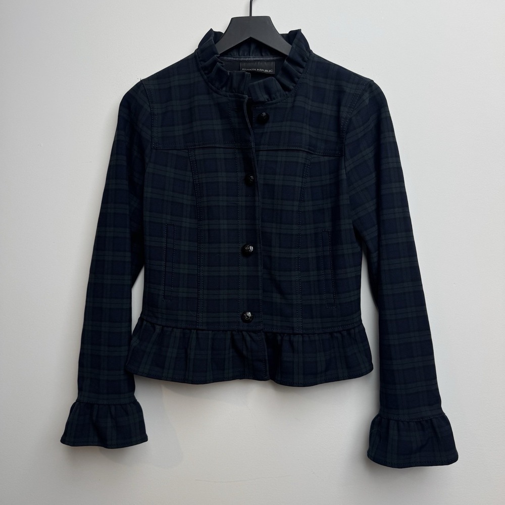 Banana Republic Plaid Tartan Sz‎ 4 Ruffle Coat Jacket Green Blue Blazer Womens's